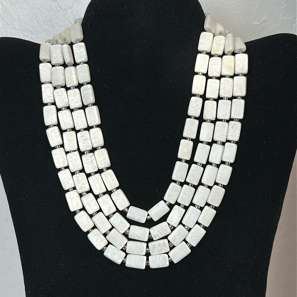 Lucite Vintage 4 Strand 14-16” Reflective White Collar Bib Necklace